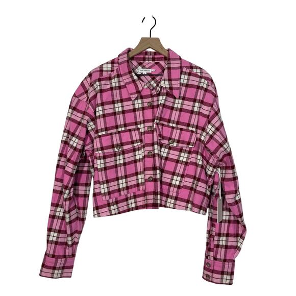 NEW Good American Cropped Shirt Women's Plus Size 5 (2X) Pink Plaid Pockets - Picture 2 of 8